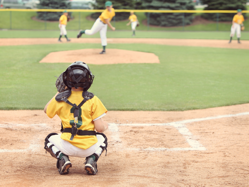 baseball catcher wearing his protective gear